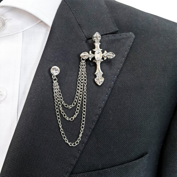 Jewelled Silver Cross Chain Lapel Pin - Image 2