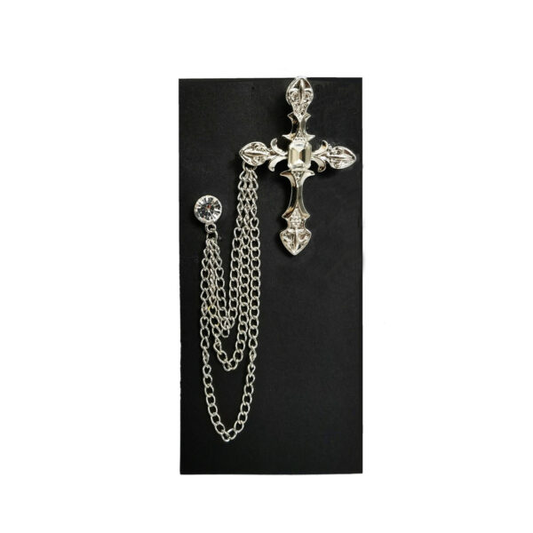 Jewelled Silver Cross Chain Lapel Pin