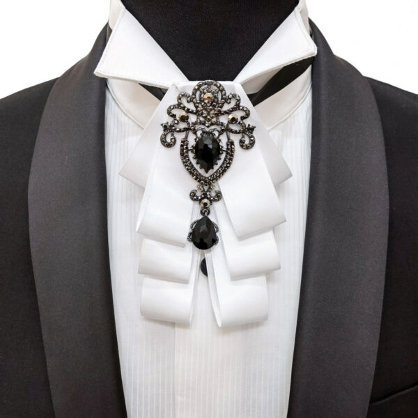 White Black Rhinestone Ribbon Bow Tie - Image 2