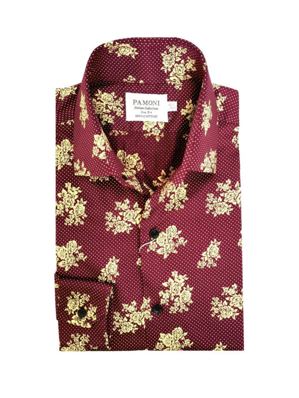 Burgundy Gold Floral Slim Fit Shirt - Image 2