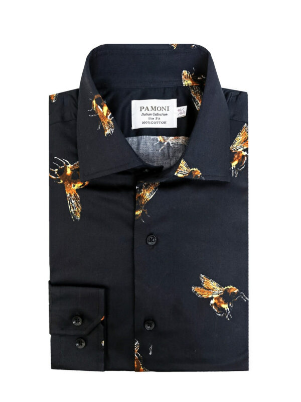 Black Bumble Bee Print Slim Fit Shirt - Image 2