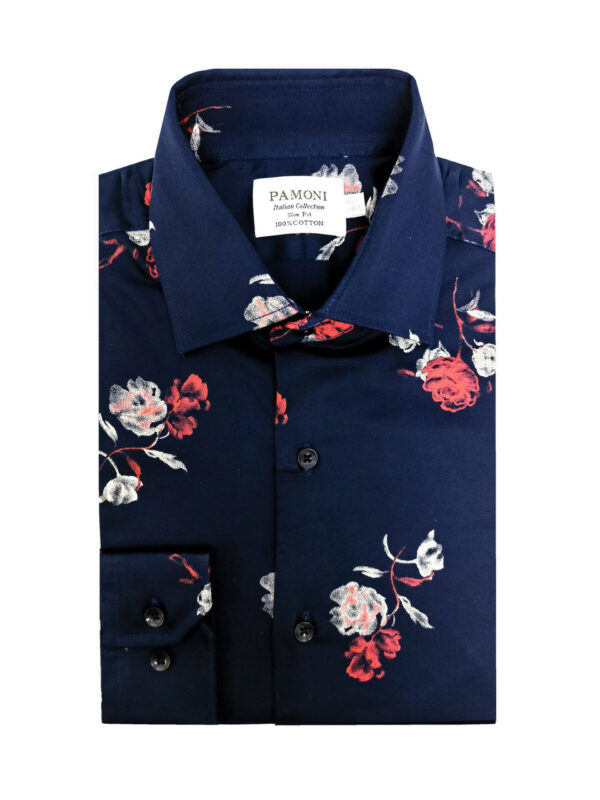 Navy Floral Print Slim Fit Shirt - Image 2