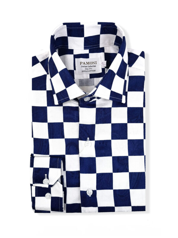 Navy Square Check Slim Fit Shirt - Image 3