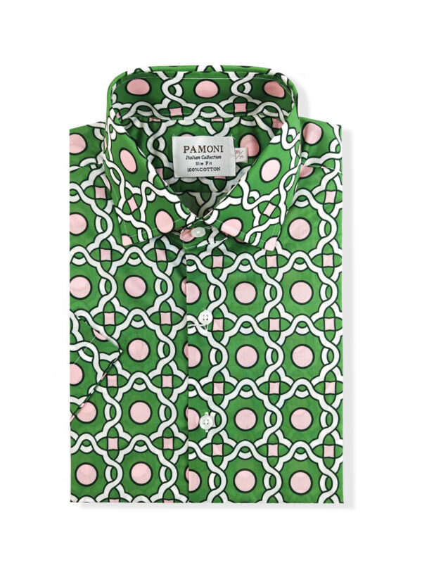 Green with Pink and White Geometric Print Short Sleeves Shirt - Image 2
