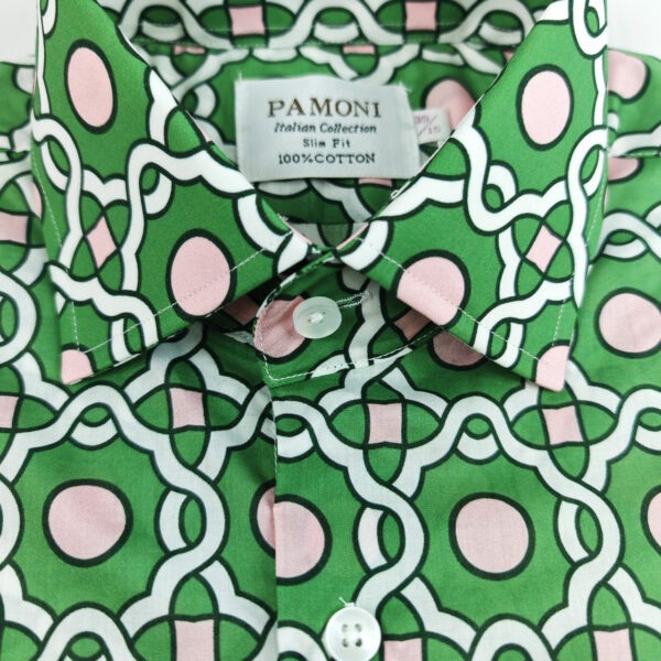 Green with Pink and White Geometric Print Short Sleeves Shirt - Image 3