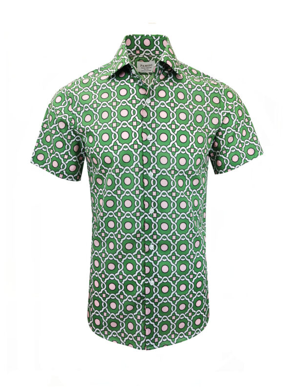 Green with Pink and White Geometric Print Short Sleeves Shirt