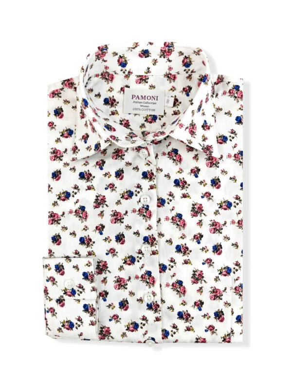 White Pink and Blue Flower Print Women's Shirt - Image 2