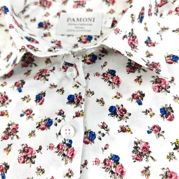 White Pink and Blue Flower Print Women's Shirt - Image 3