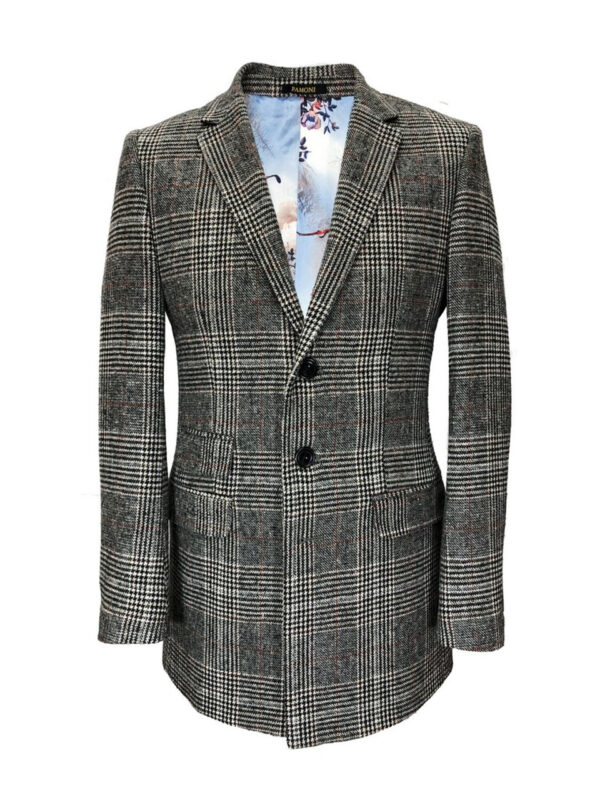 Grey Dogtooth Check Slim Fit Coat