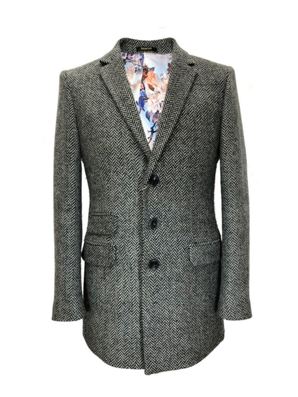 Grey Herringbone Slim Fit Coat - Image 2