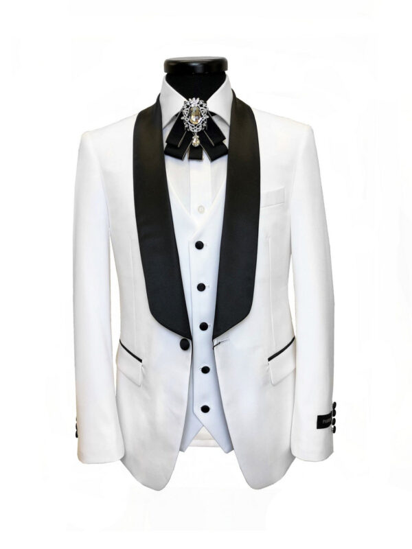 White 3-Piece Tuxedo with Black Shawl Lapel - Image 4